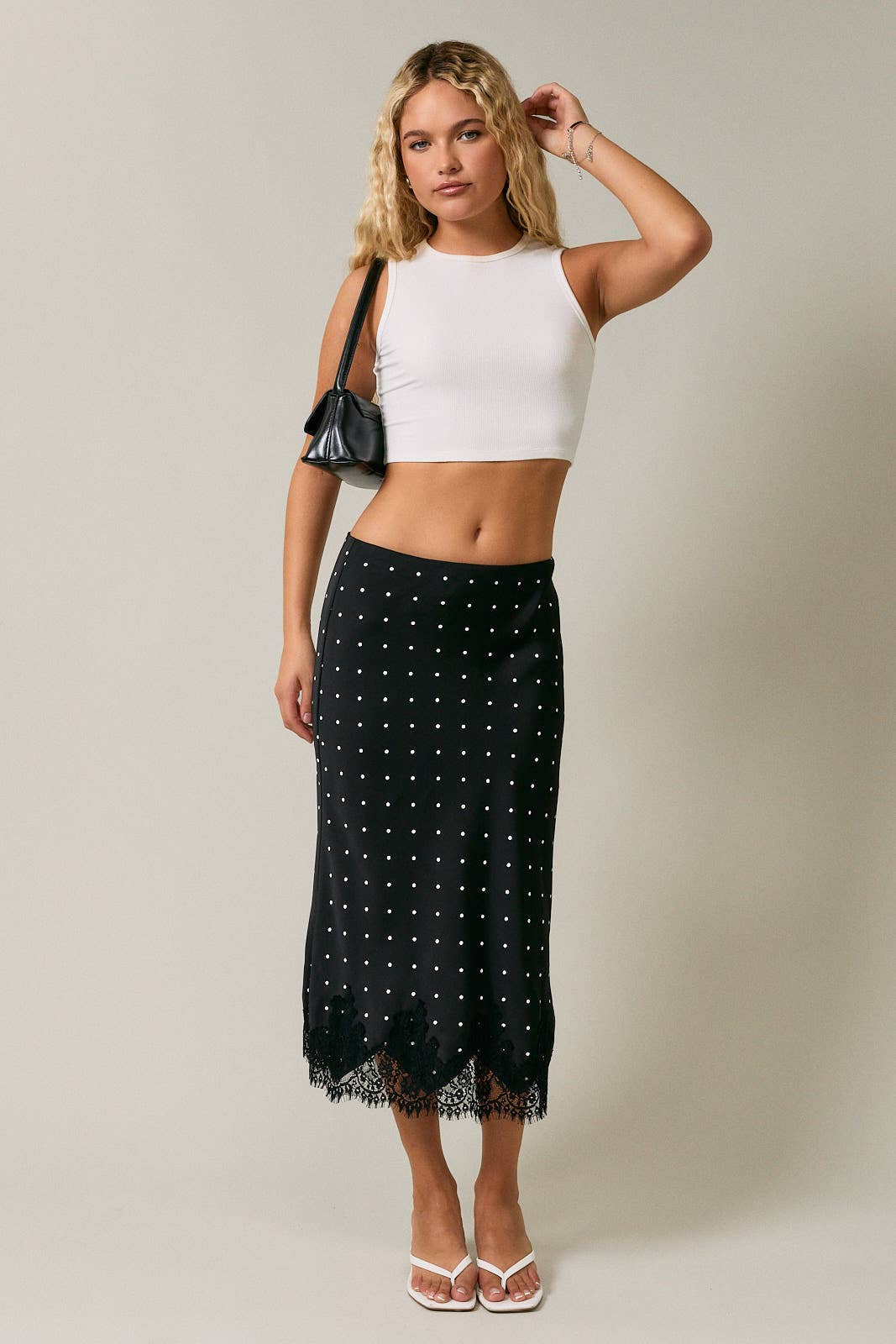 LACE TRIM BIAS CUT POLKA DOT MIDI SKIRT
