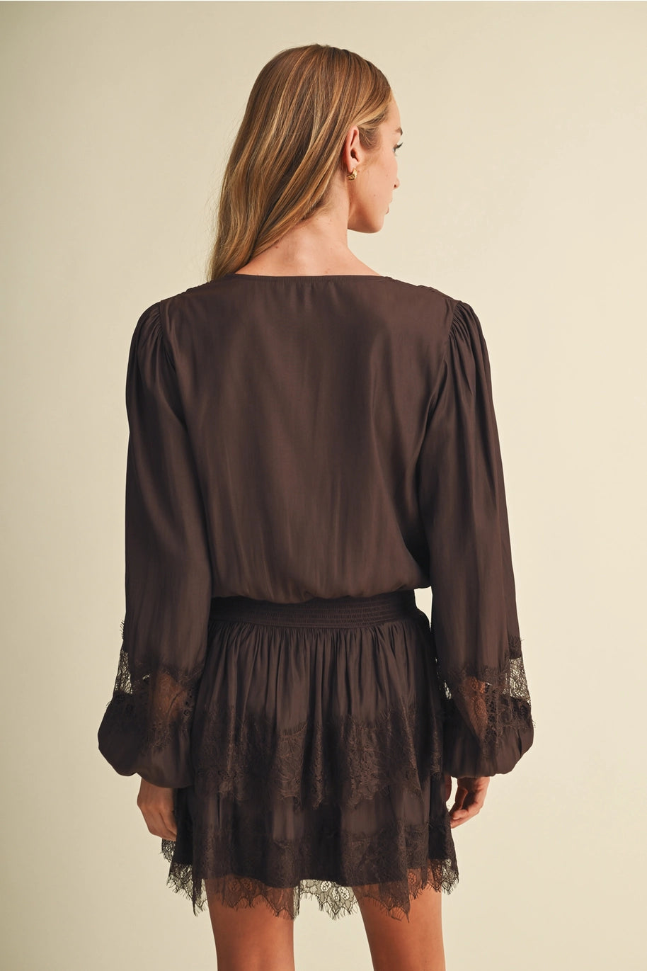 Bishop Sleeve Shirred Waist Lace Dress
