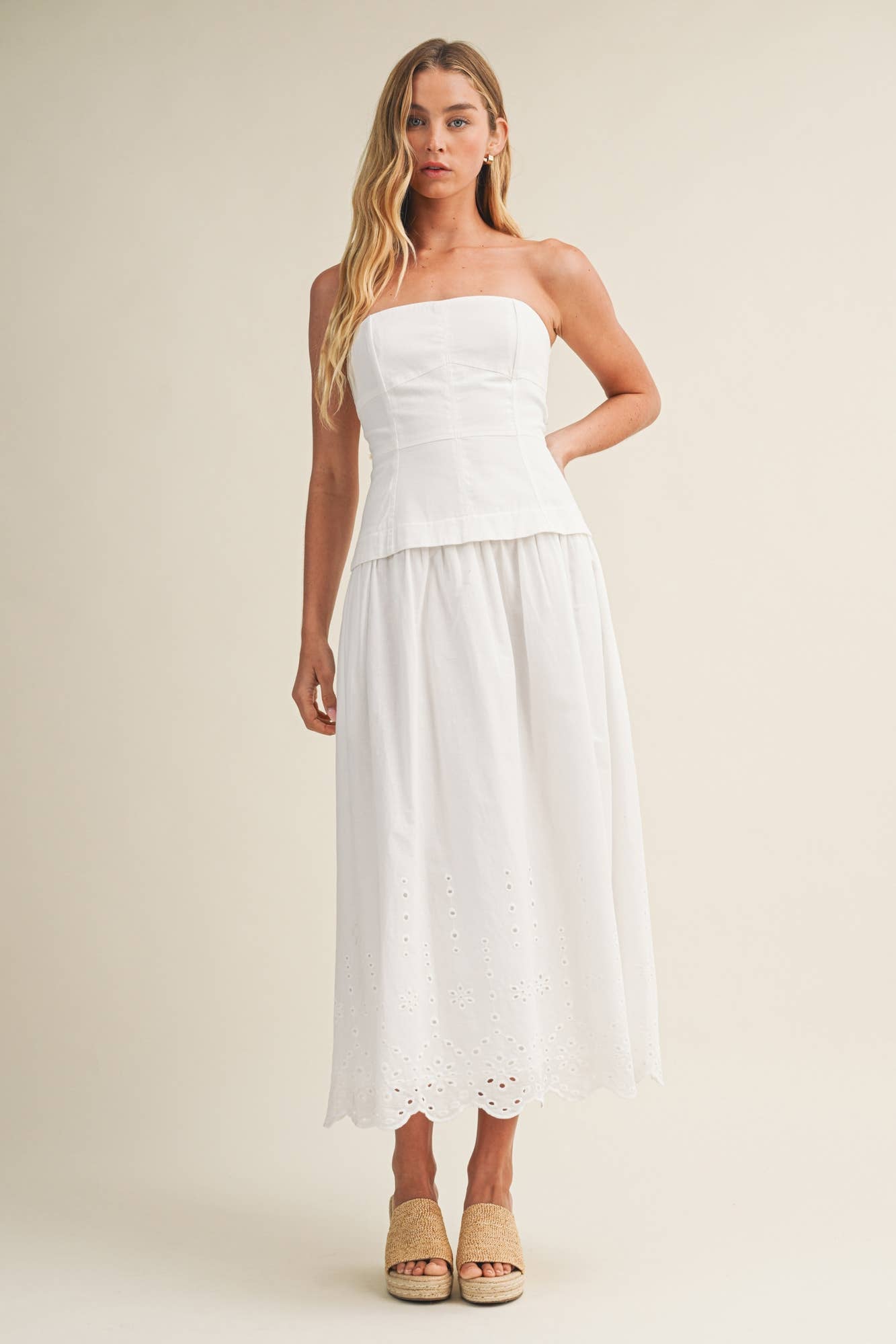 EYELET SCALLOP HEM TWOFER DRESS
