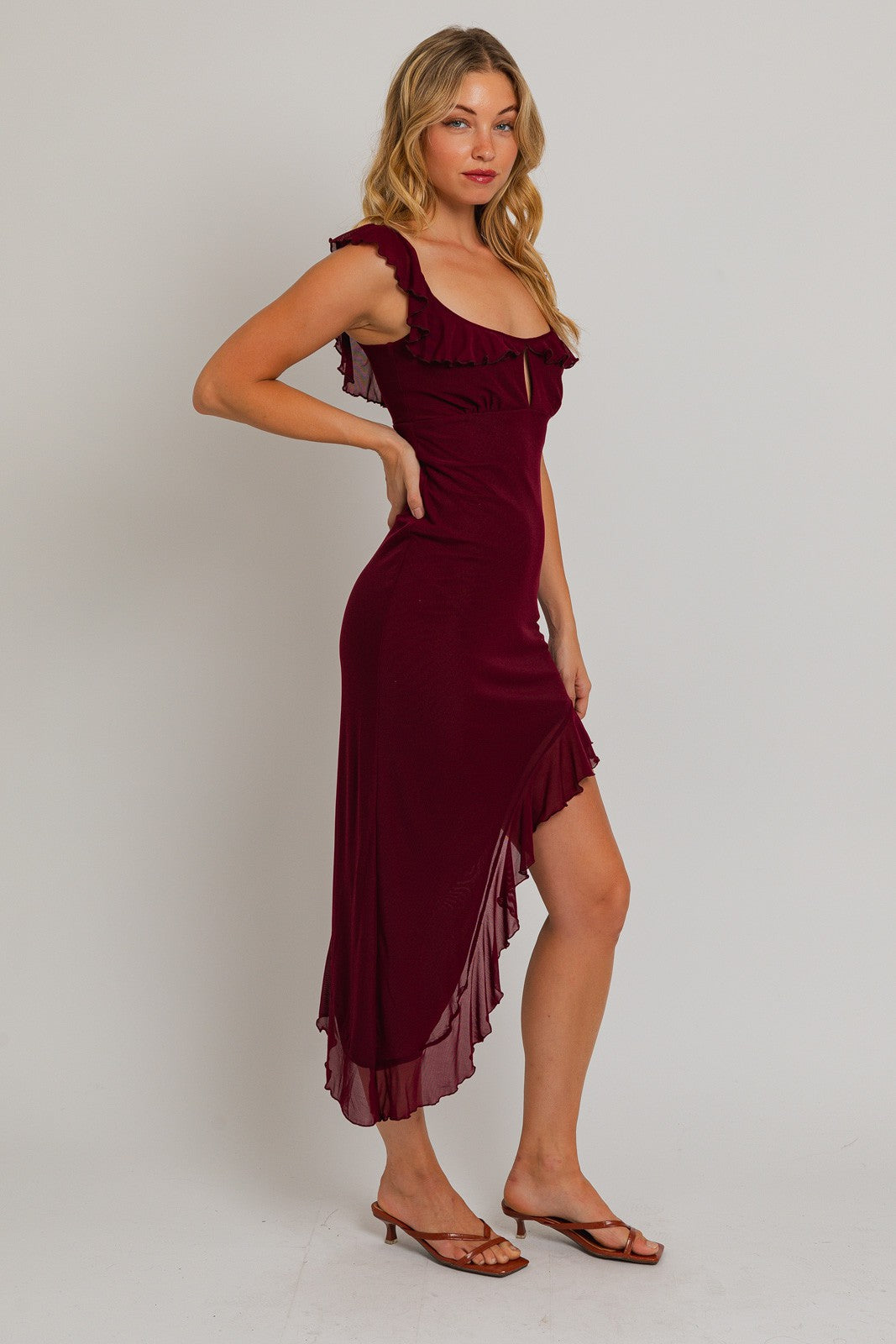 Cabernet Ruffle Mesh Asymmetrical Dress