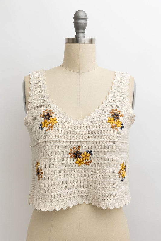 Floral Embroidery Crochet Crop Top