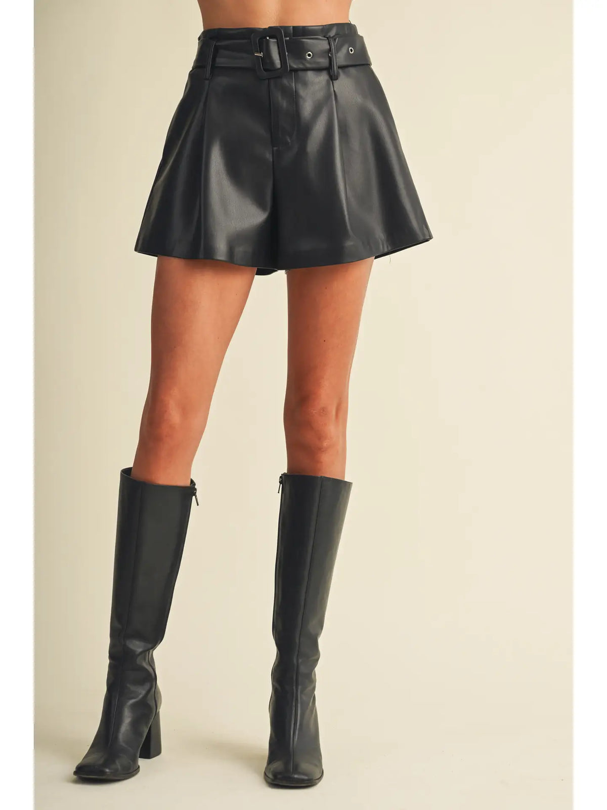 Buckle-Belt High-Waist Pleated Shorts