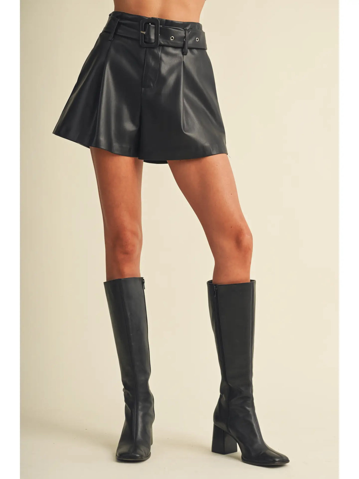 Buckle-Belt High-Waist Pleated Shorts