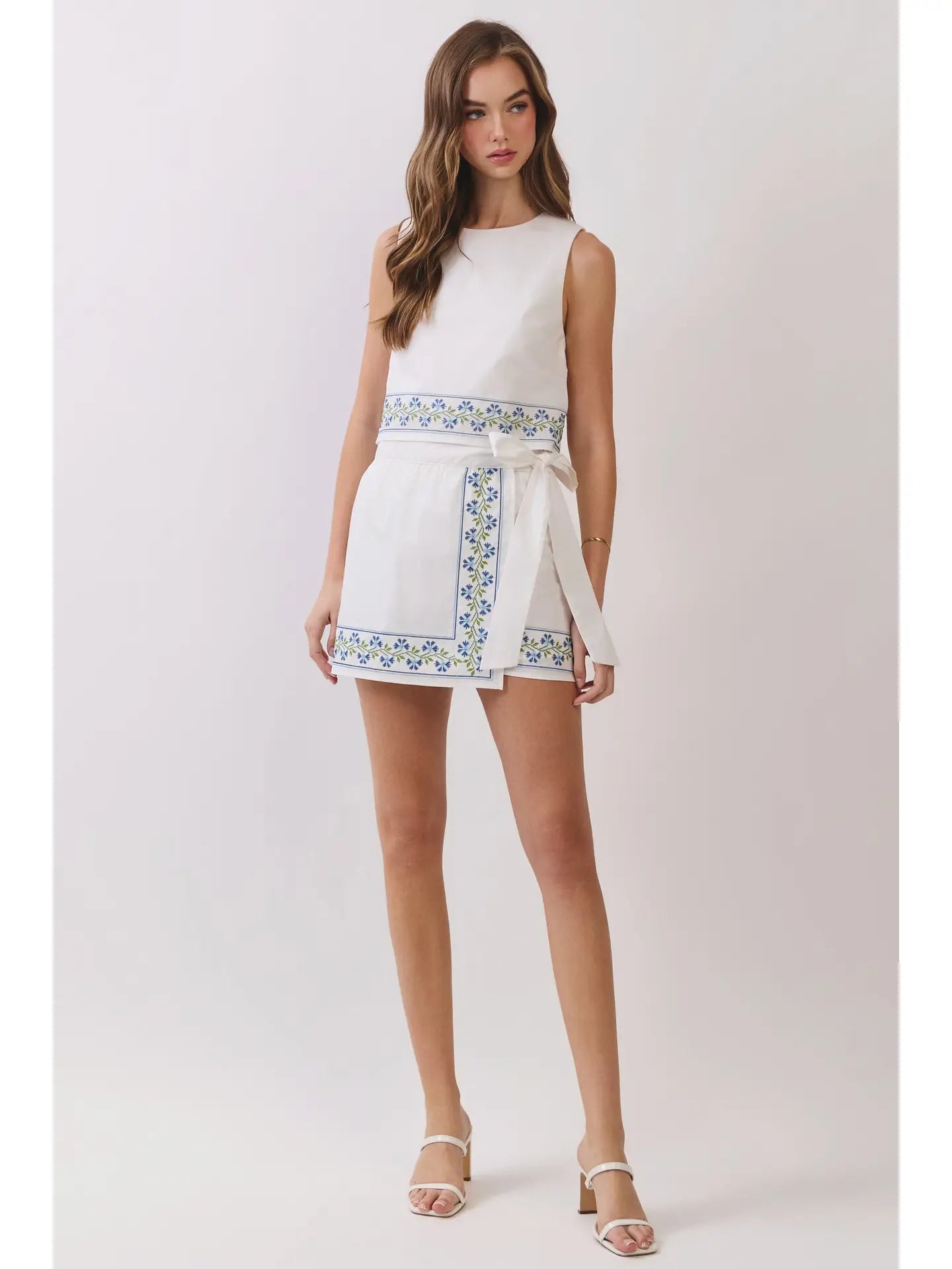 Floral Embroidered Wrap Mini Skirt