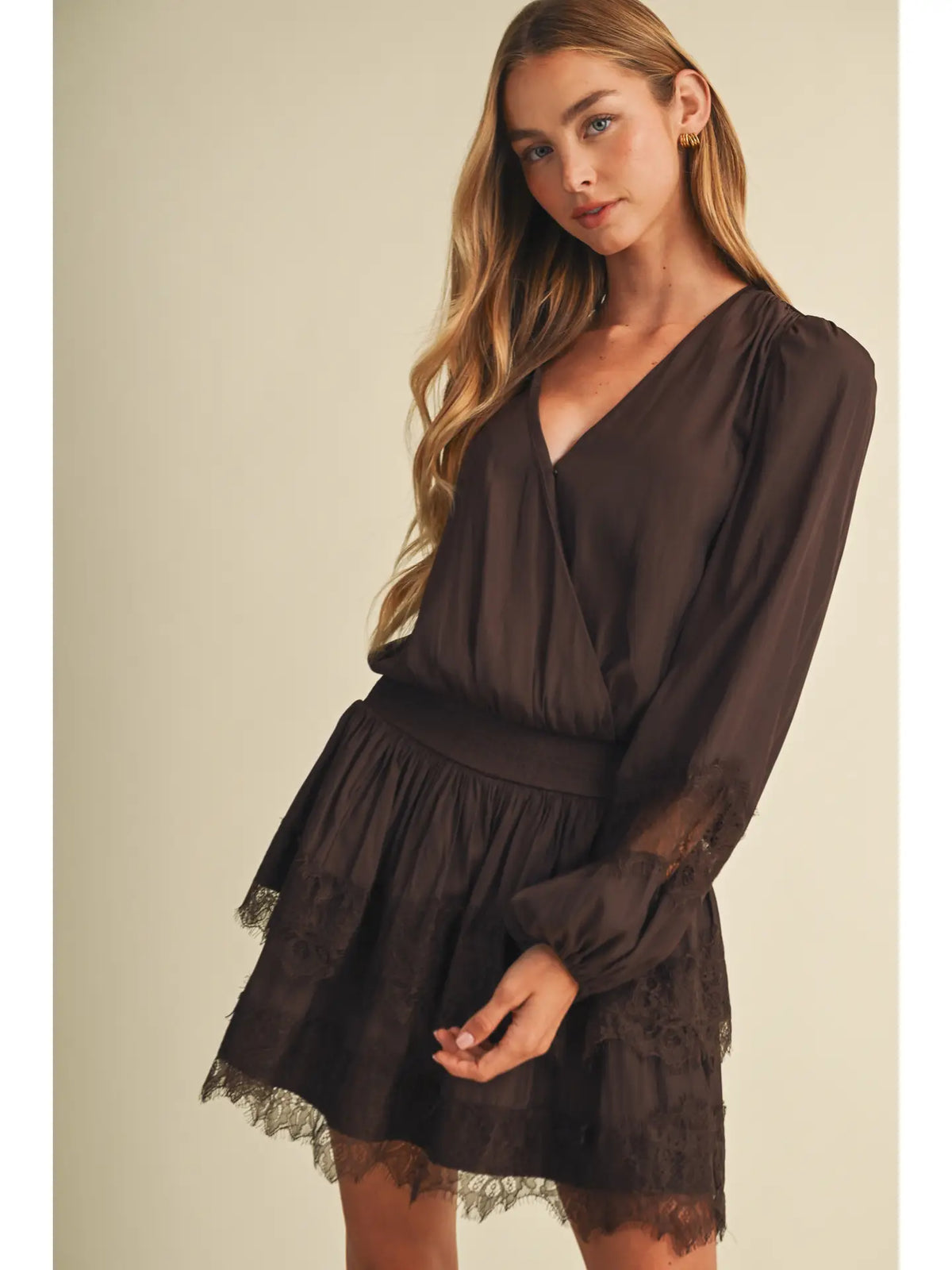 Bishop Sleeve Shirred Waist Lace Dress
