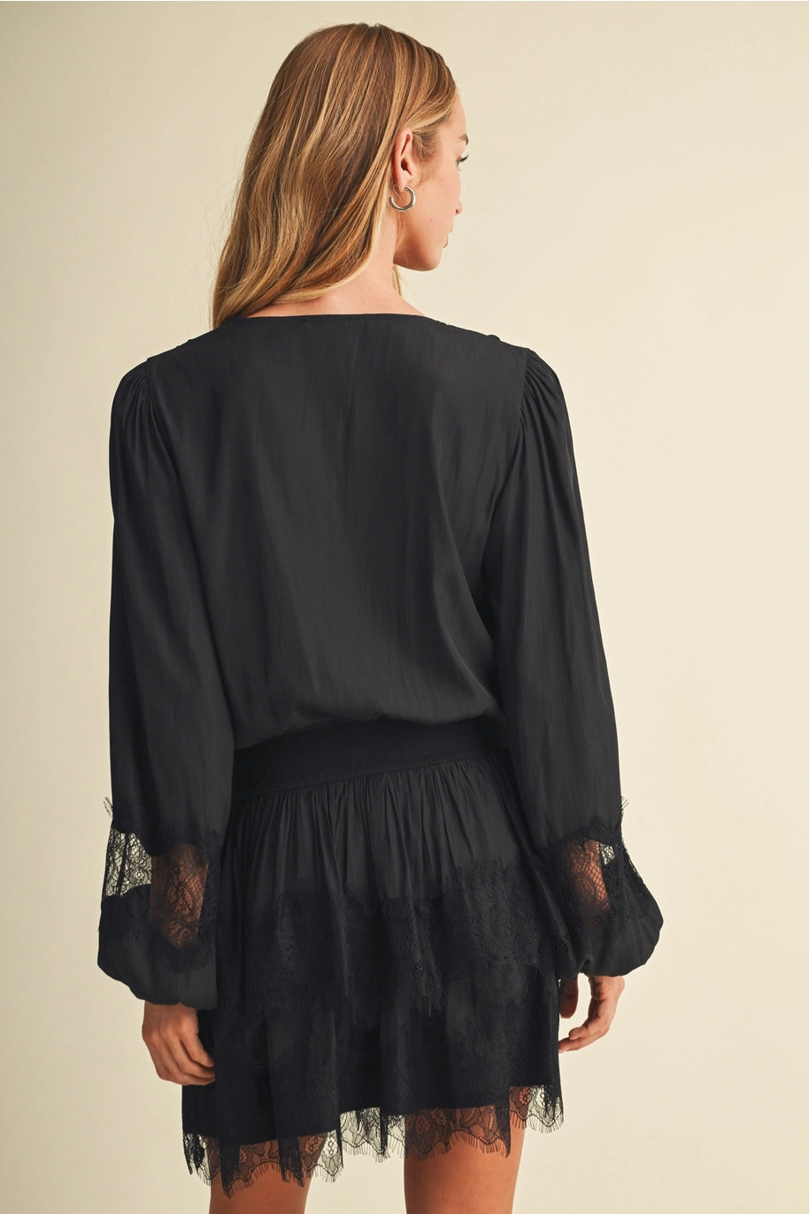 Bishop Sleeve Shirred Waist Lace Dress