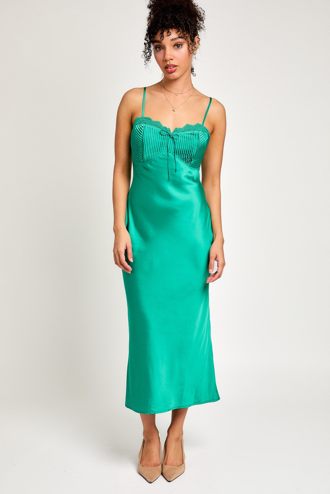 Ireland Spaghetti Strap Lace Trim Satin Dress