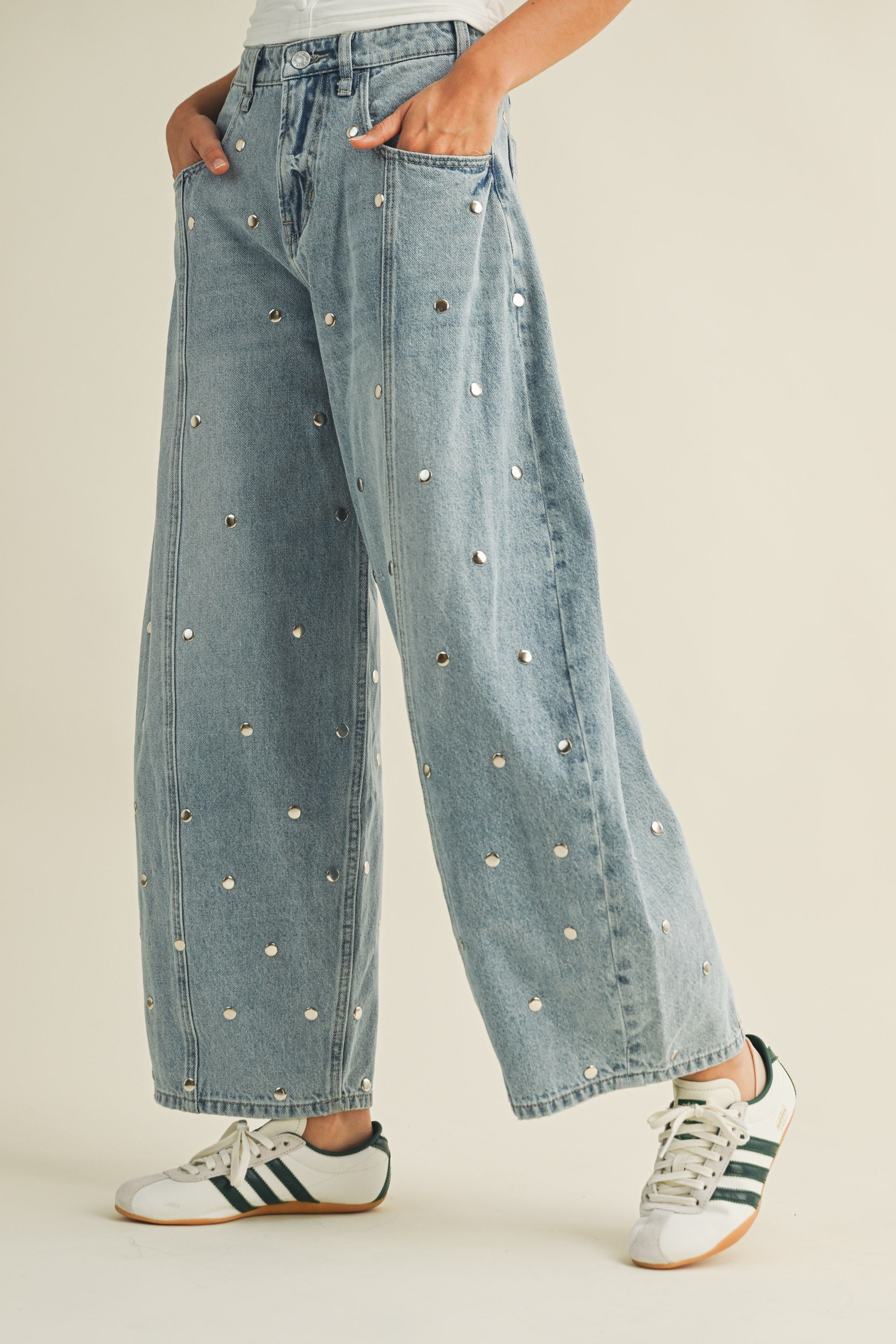 Studded Denim Barrel Pants