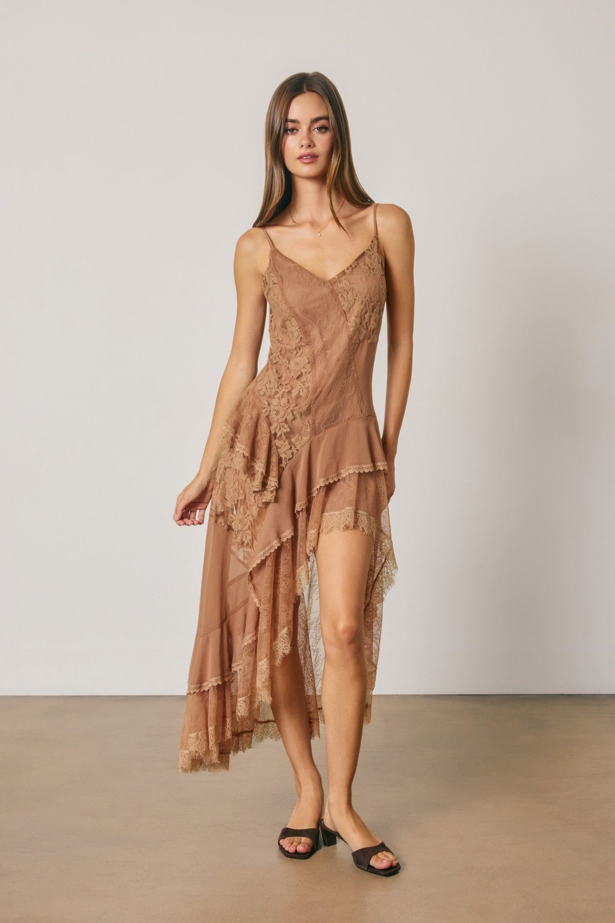 Floral Lace Asymmetrical Tiered Midi Dress