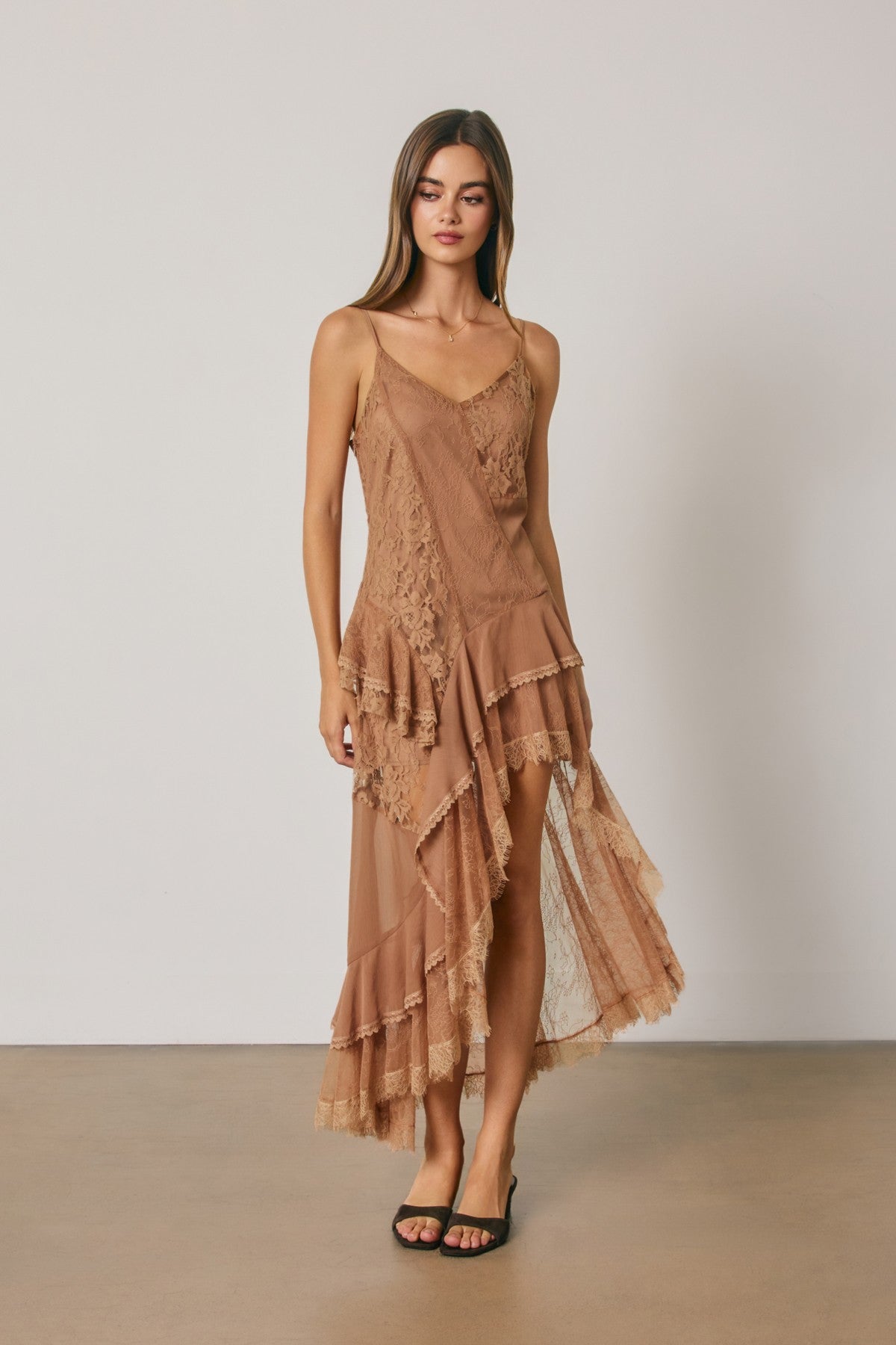 Floral Lace Asymmetrical Tiered Midi Dress