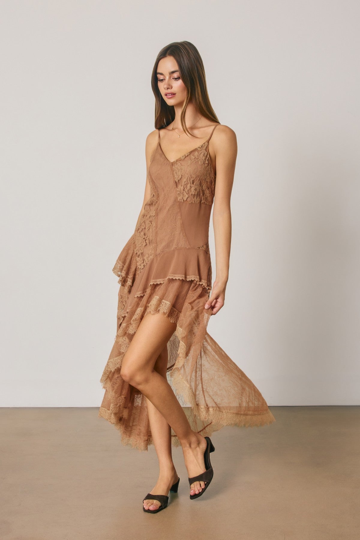 Floral Lace Asymmetrical Tiered Midi Dress