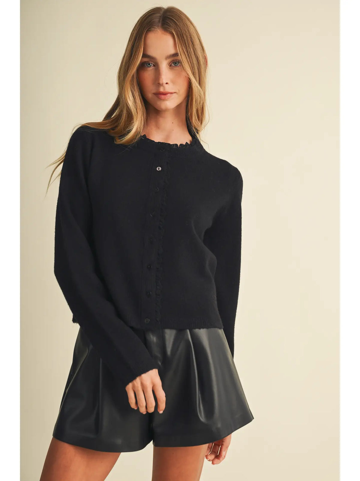 Ruffle-Trim Crew-Neck Knit Blouse