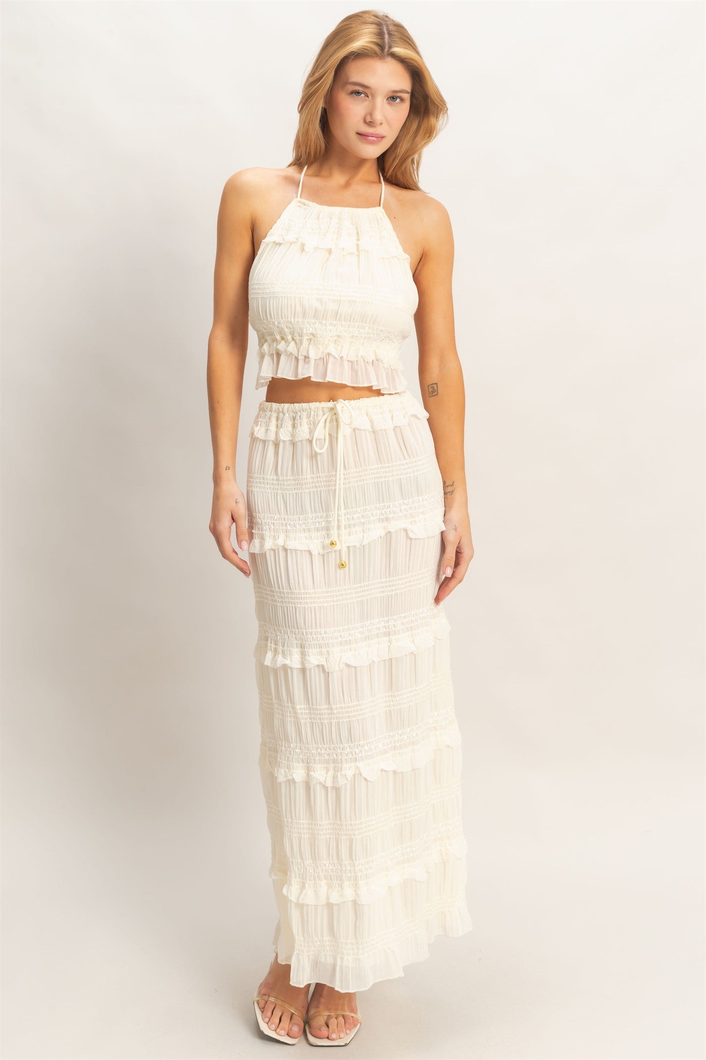 white ruffle maxi set coastal cowgirl festival outfit for summer vacation
white two piece maxi skirt set boho festival outfit