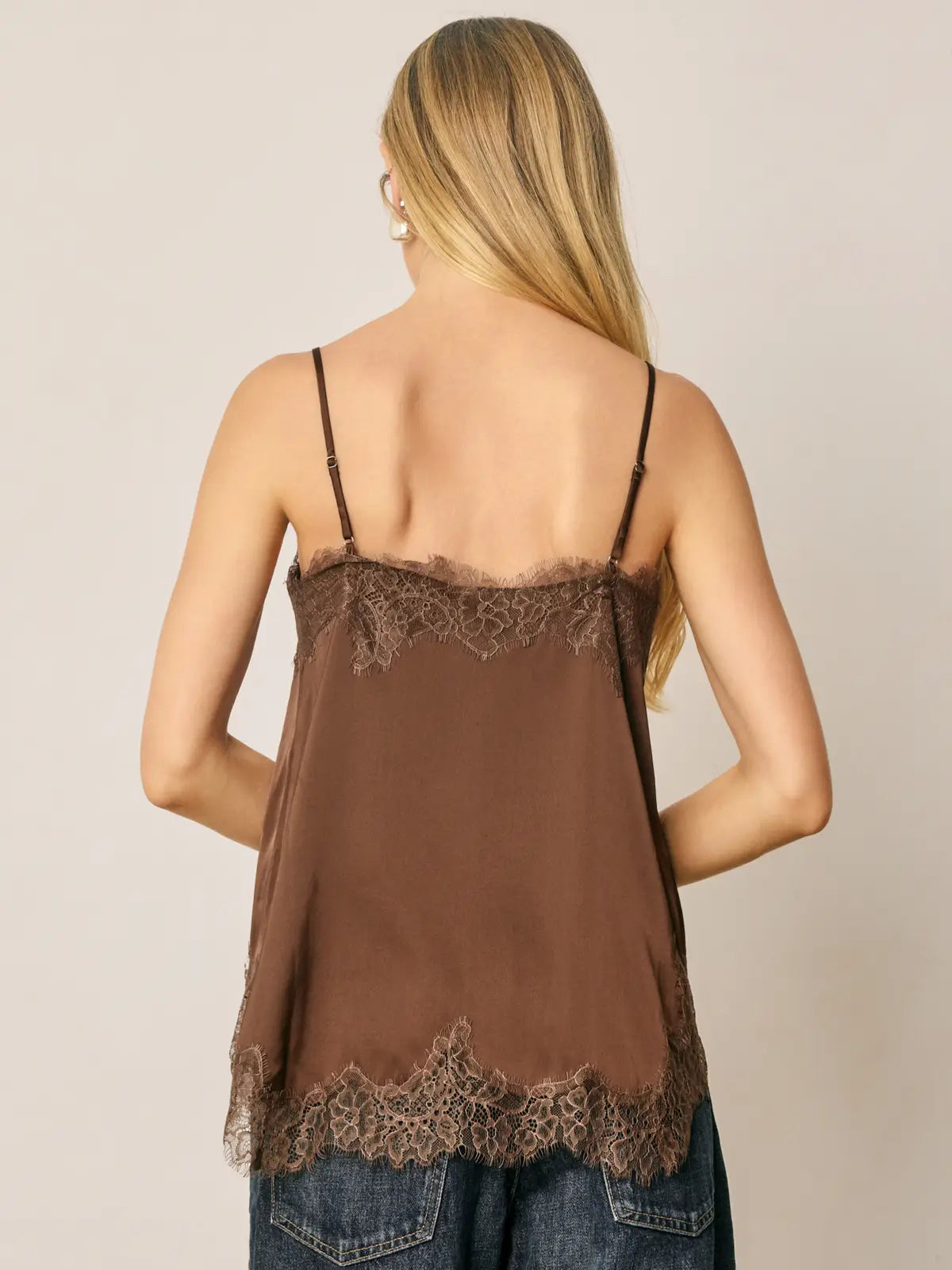 Satin Lace Trim Pintuck Cami Top