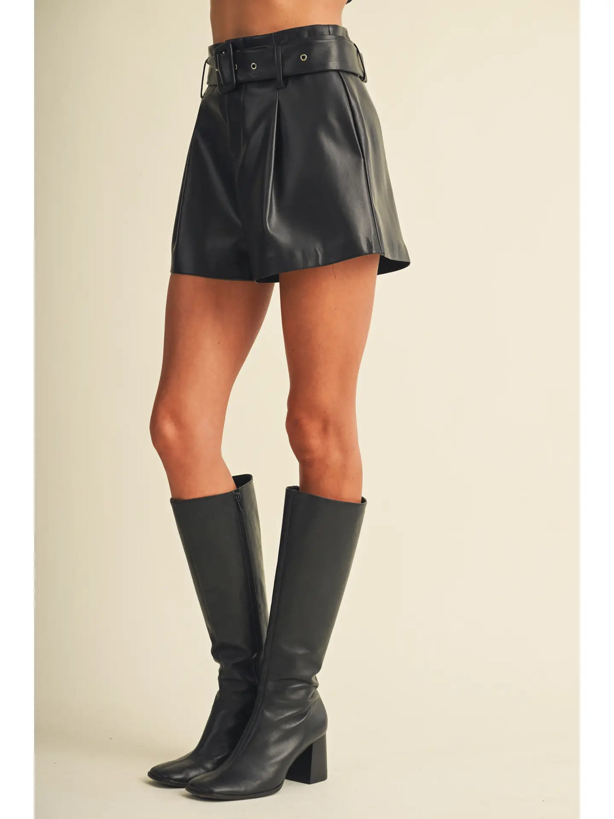 Buckle-Belt High-Waist Pleated Shorts