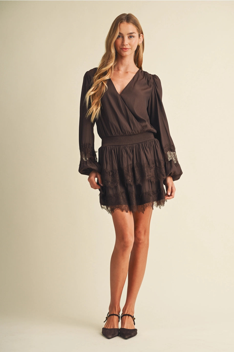 Bishop Sleeve Shirred Waist Lace Dress