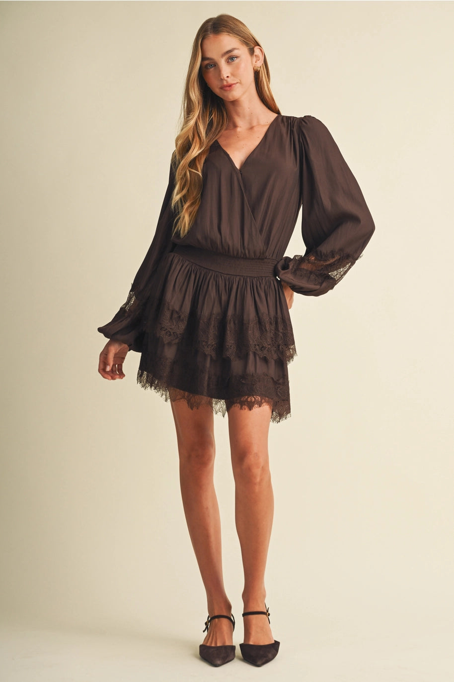 Bishop Sleeve Shirred Waist Lace Dress