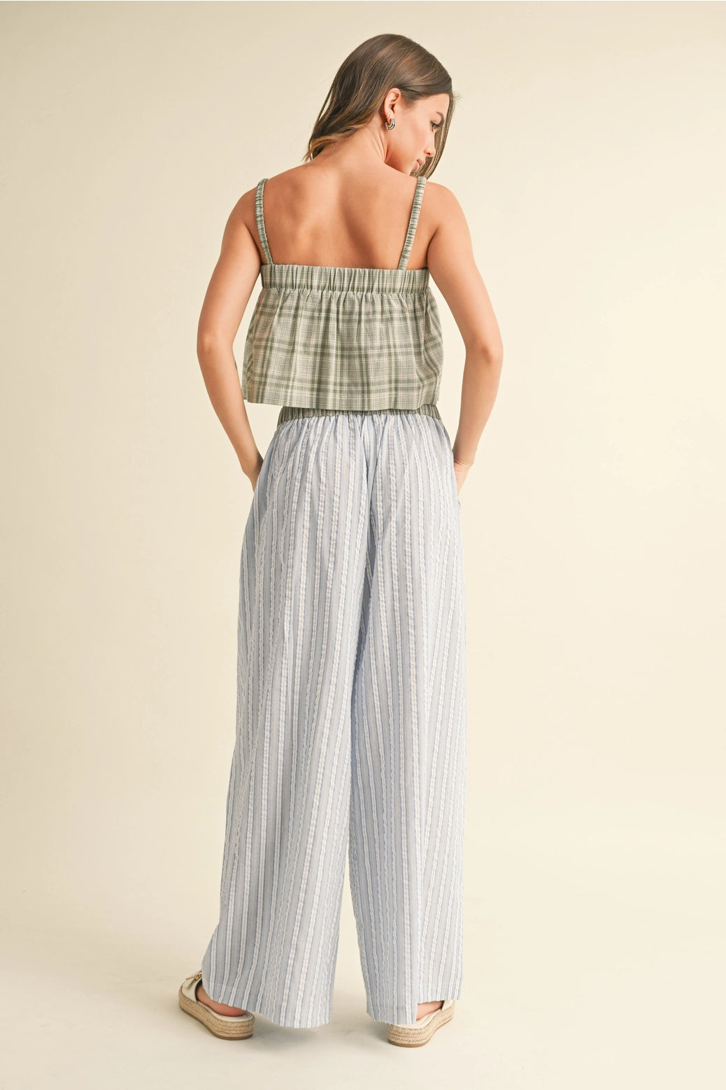 Plaid Pattern Top Set with Stripe Wide Pants