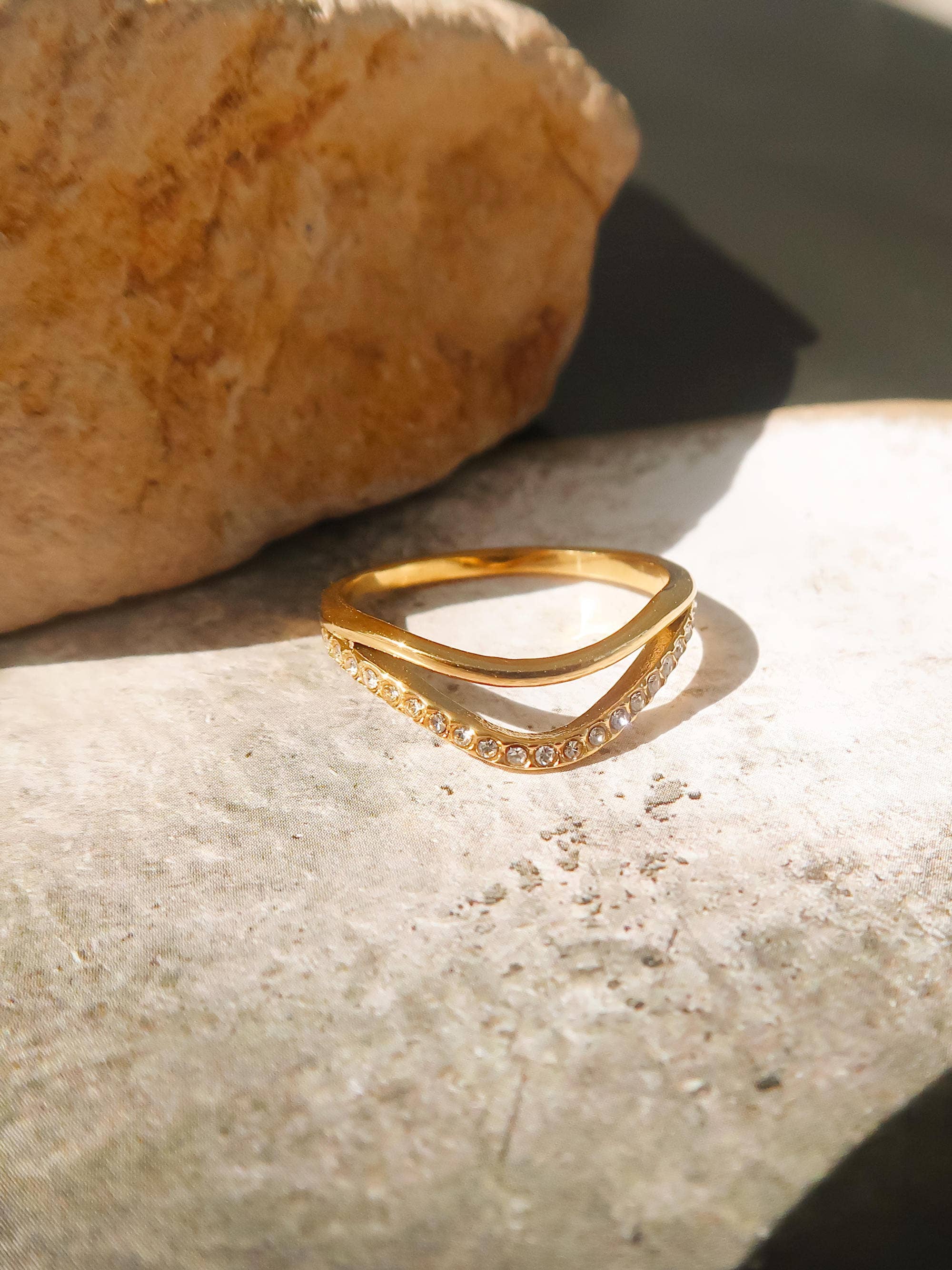 Orleans 18K Gold Non-Tarnish Layered V Rhinestone Ring