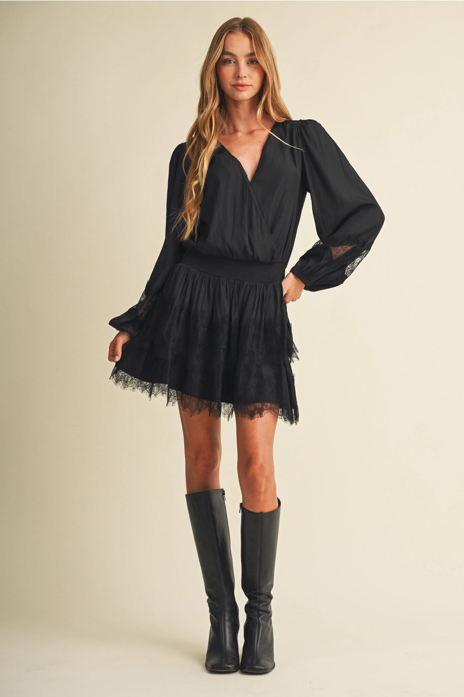 Bishop Sleeve Shirred Waist Lace Dress