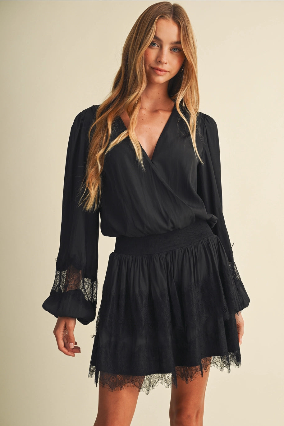 Bishop Sleeve Shirred Waist Lace Dress