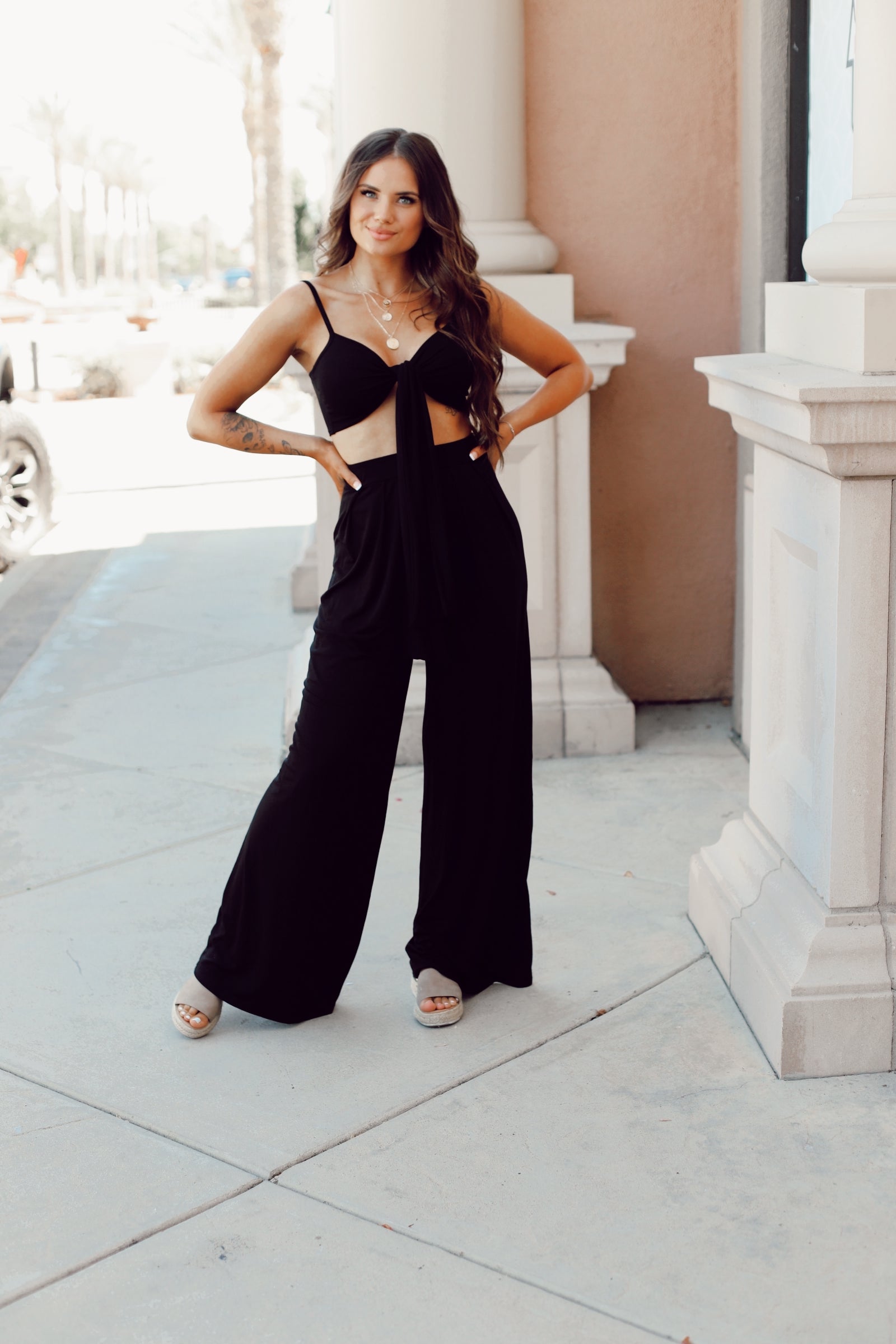 Bra Top Matching Bottom Flowy Wide Leg Pant High Rise Fit Runs TTS If In-Between Sizes, Size Up Model 5'3 Wearing A Small