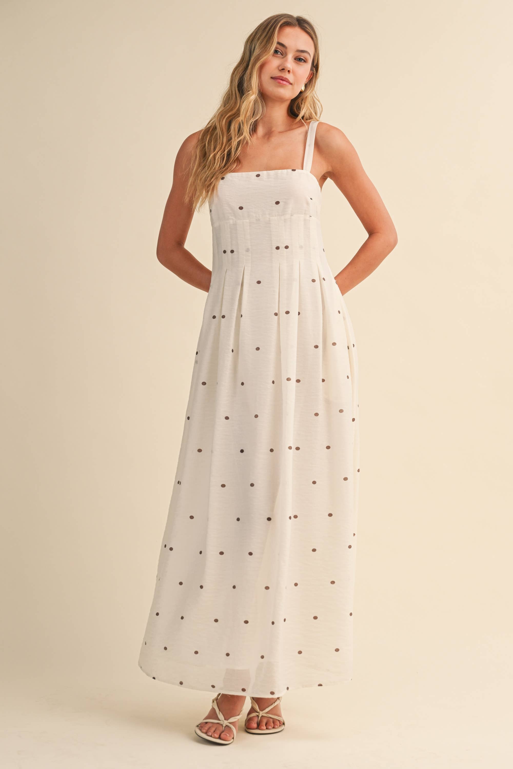 POLKA DOT PRINTED PIN TUCK MAXI DRESS