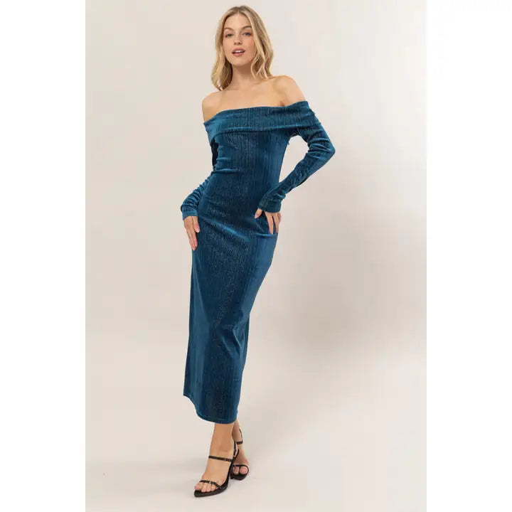 Velour Off The Shoulder Midi Dress