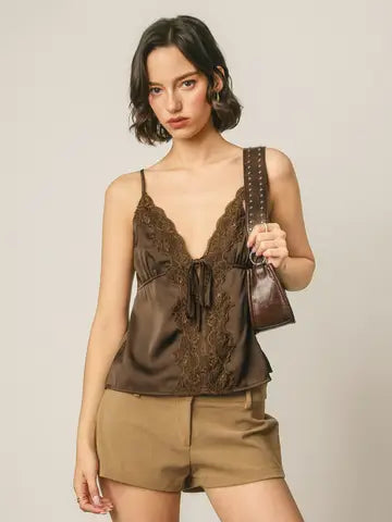 Kiya Satin Lace Tie Front Cami Top