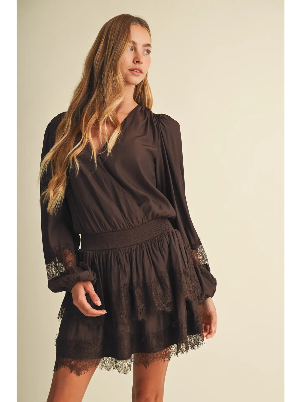 Bishop Sleeve Shirred Waist Lace Dress
