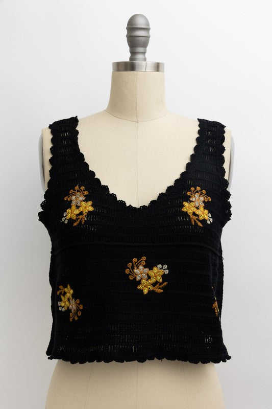 Floral Embroidery Crochet Crop Top