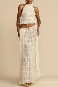 Ruched Halter Backless Top and Maxi Skirt Set