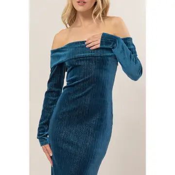 Velour Off The Shoulder Midi Dress