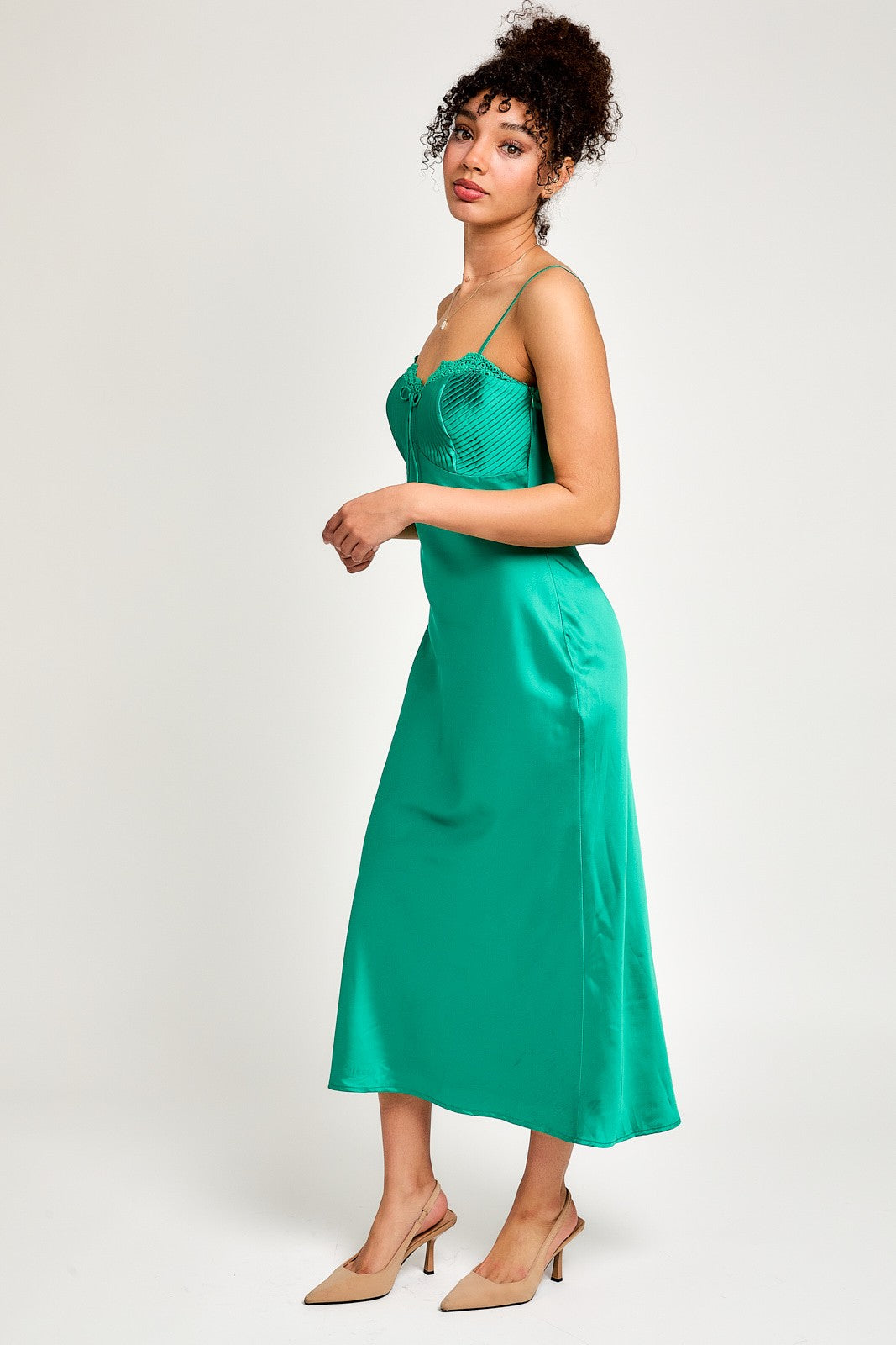 Ireland Spaghetti Strap Lace Trim Satin Dress