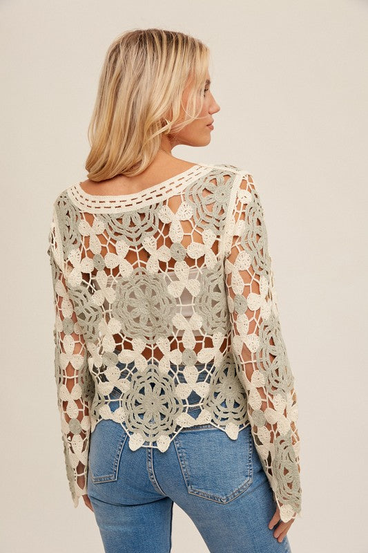 Boat Neck Bell Sleeve Crochet Top