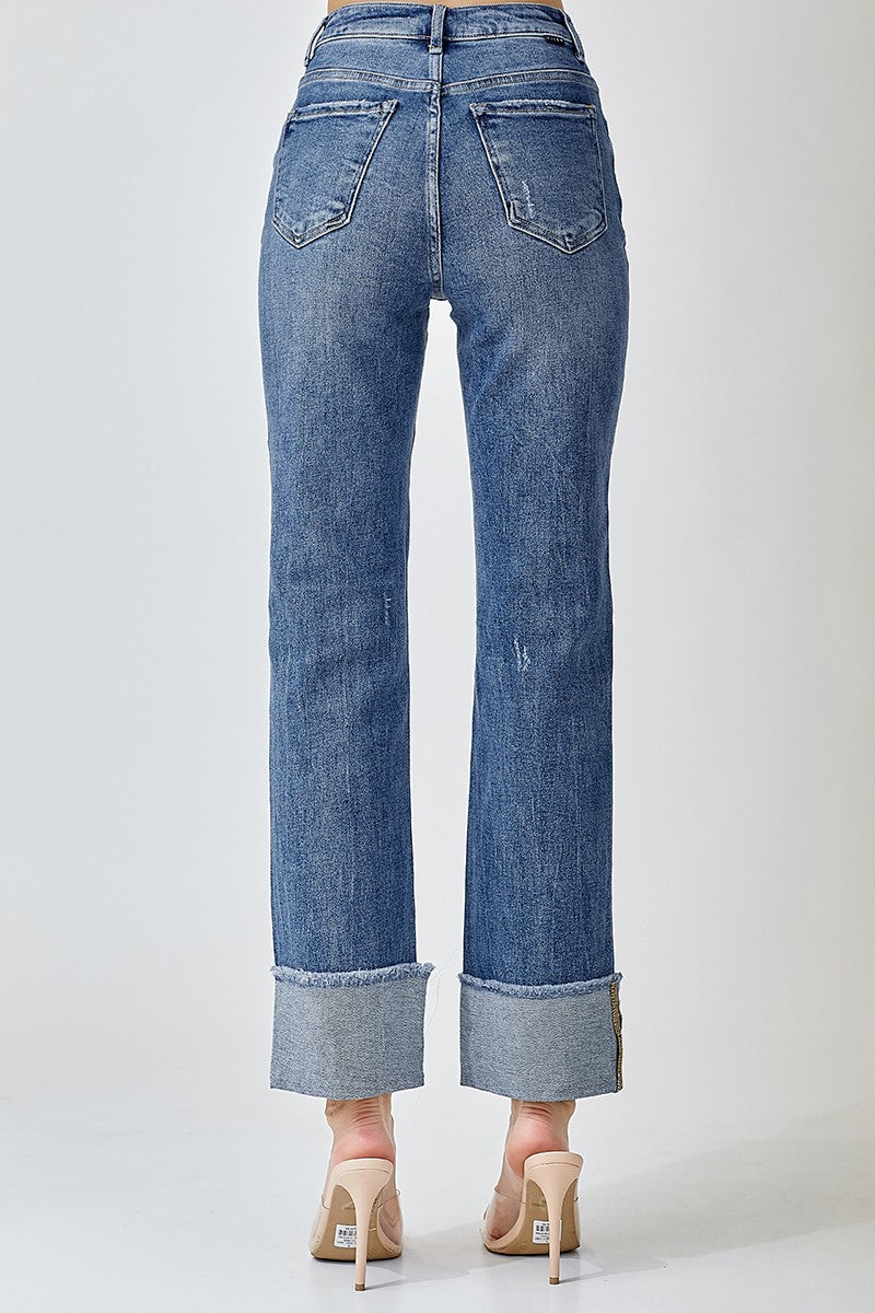 High Rise Straight Cuffed Relaxed Jeans