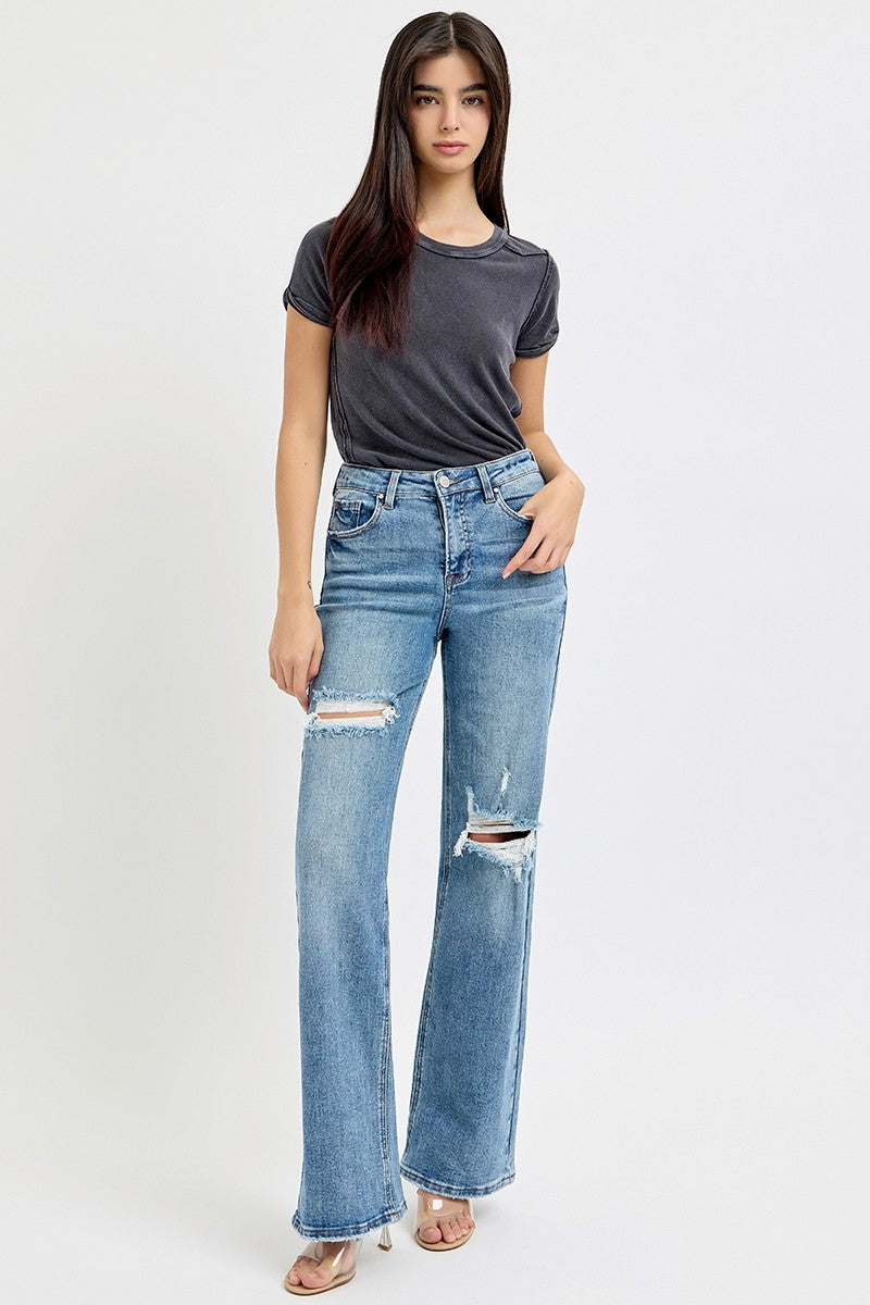 High Rise Wide Leg Ripped Jeans