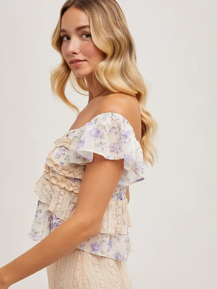 Viola Floral Ruffle Trimmed Sweetheart Top