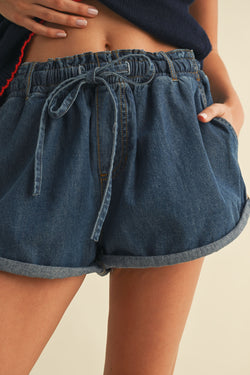Folded Denim Shorts w Side Contrast Tape