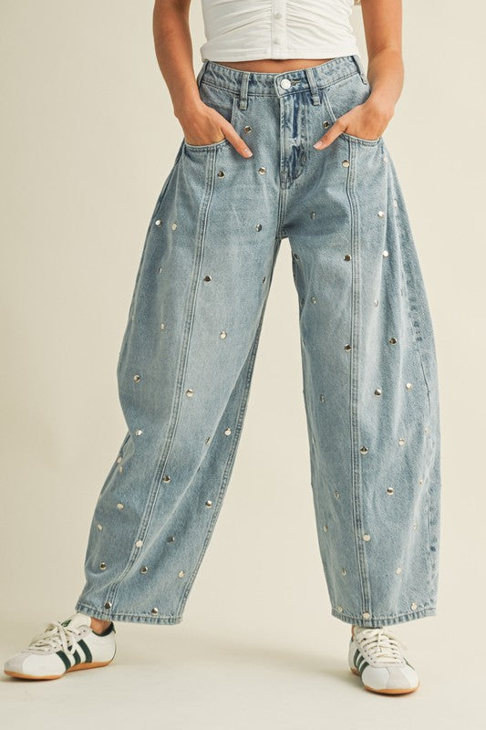 Studded Denim Barrel Pants