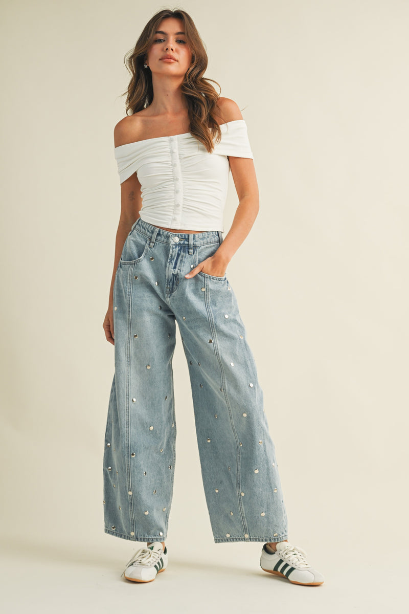 Studded Denim Barrel Pants