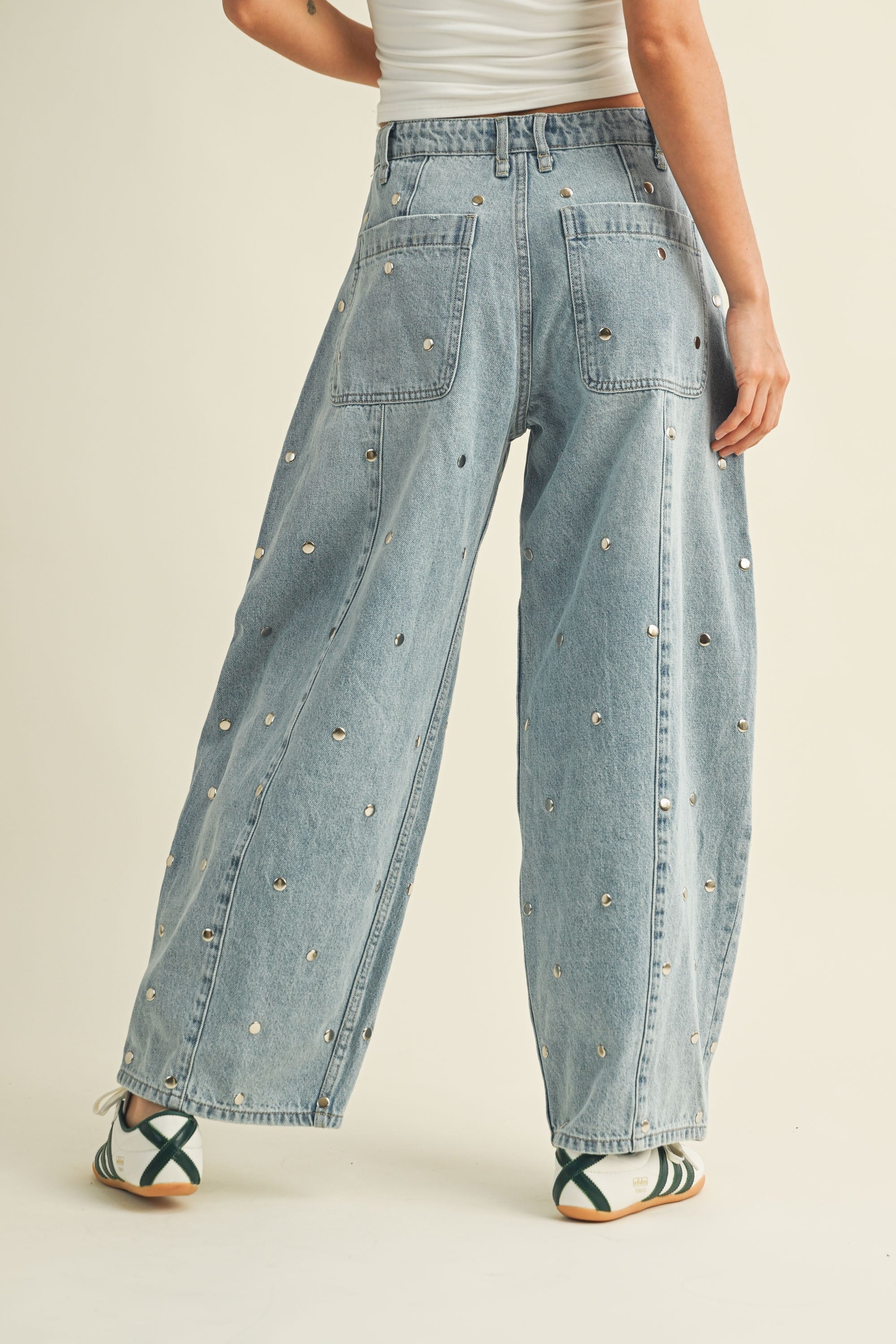 Studded Denim Barrel Pants