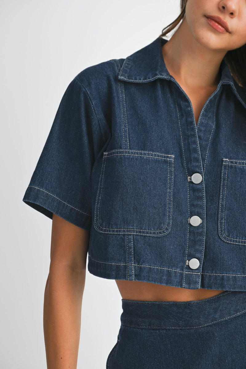 Denim Collar Shirt And Skort Set