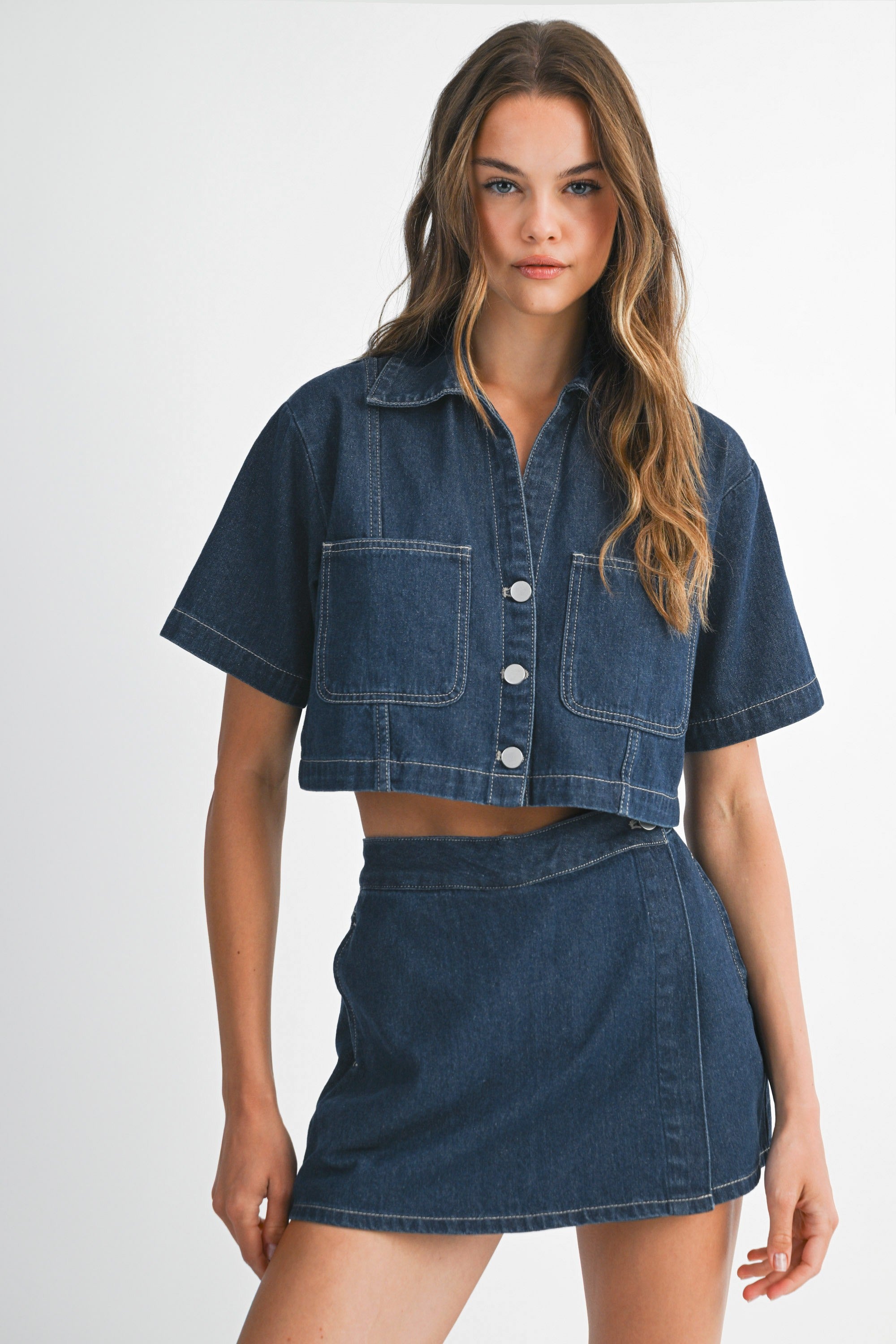 Denim Collar Shirt And Skort Set