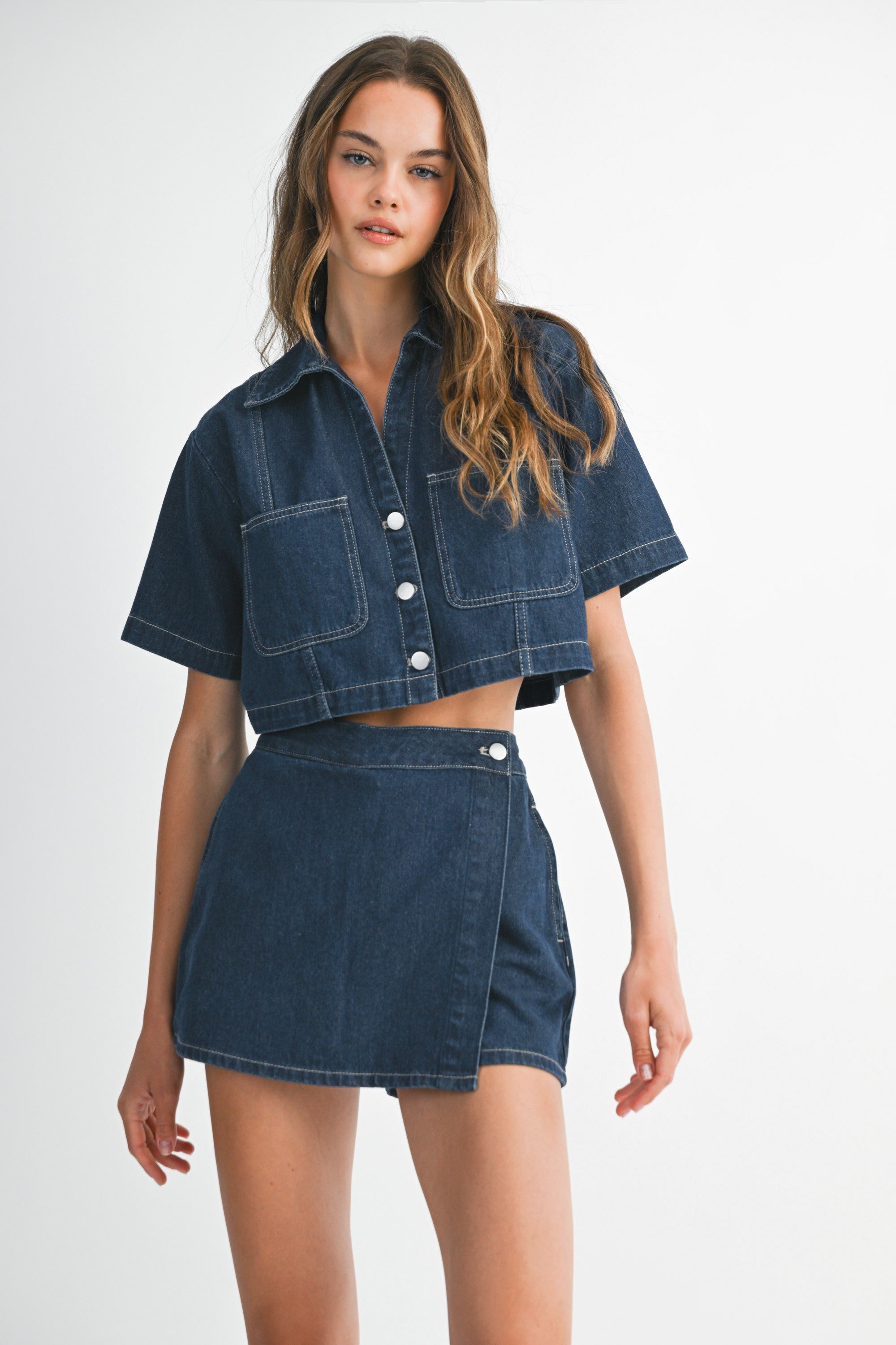 Denim Collar Shirt And Skort Set