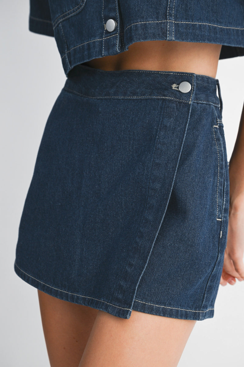 Denim Collar Shirt And Skort Set