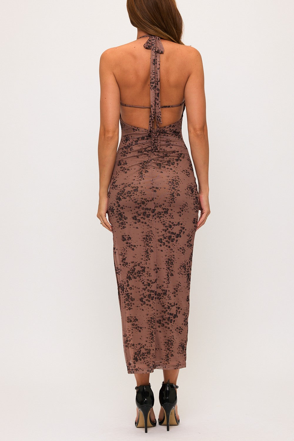 Leopard Lace Halter Slit Maxi Dress