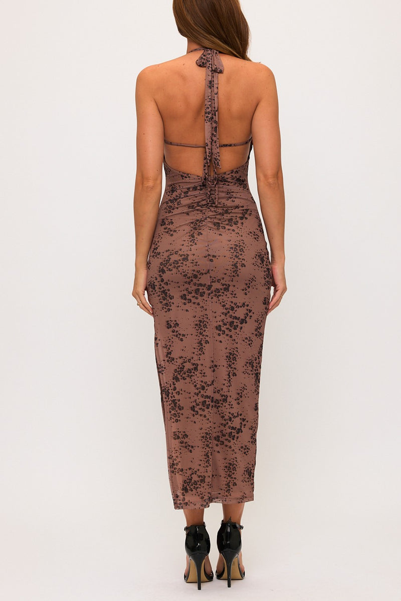 Leopard Lace Halter Slit Maxi Dress