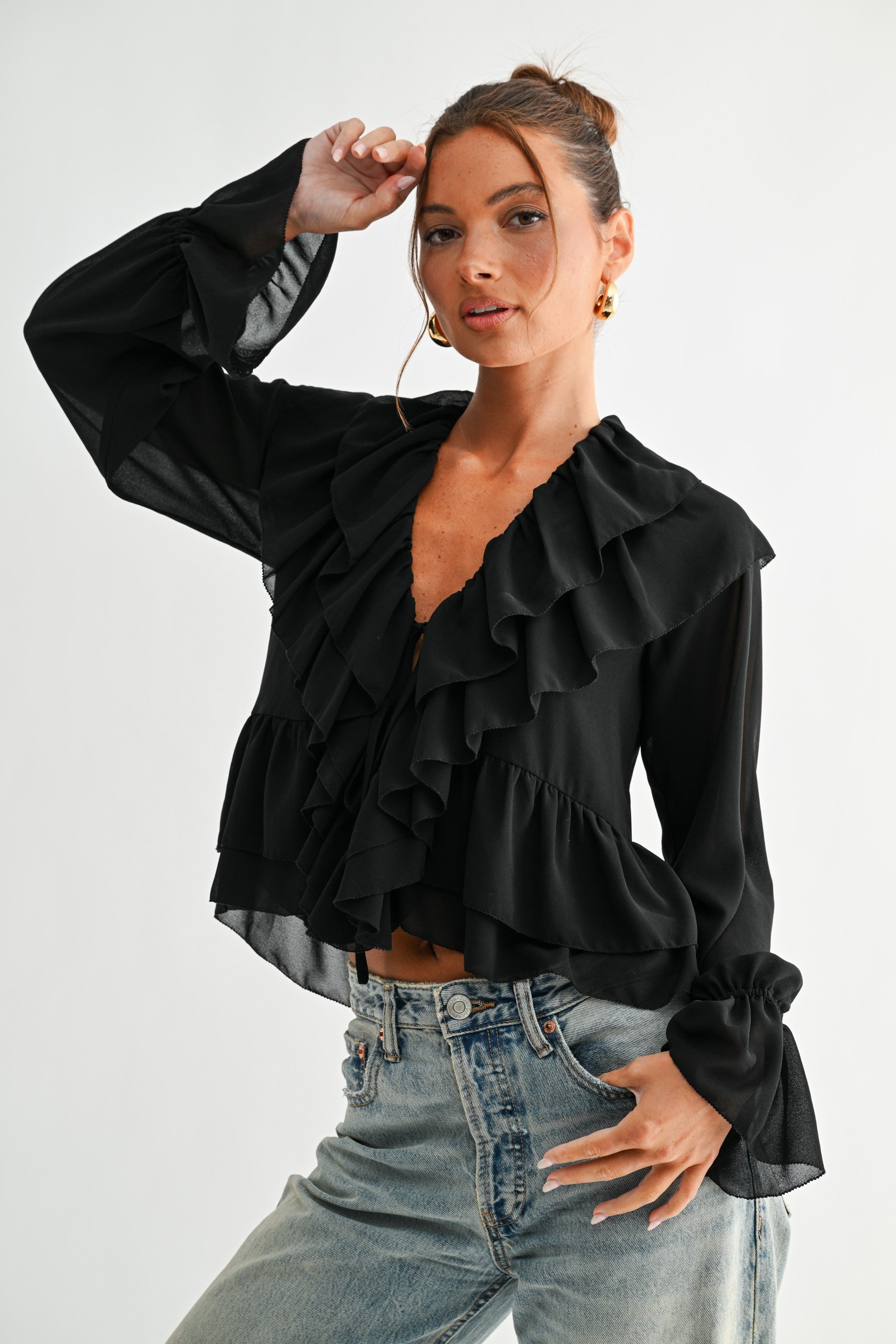 Cascading Ruffle Tie-front Blouse
