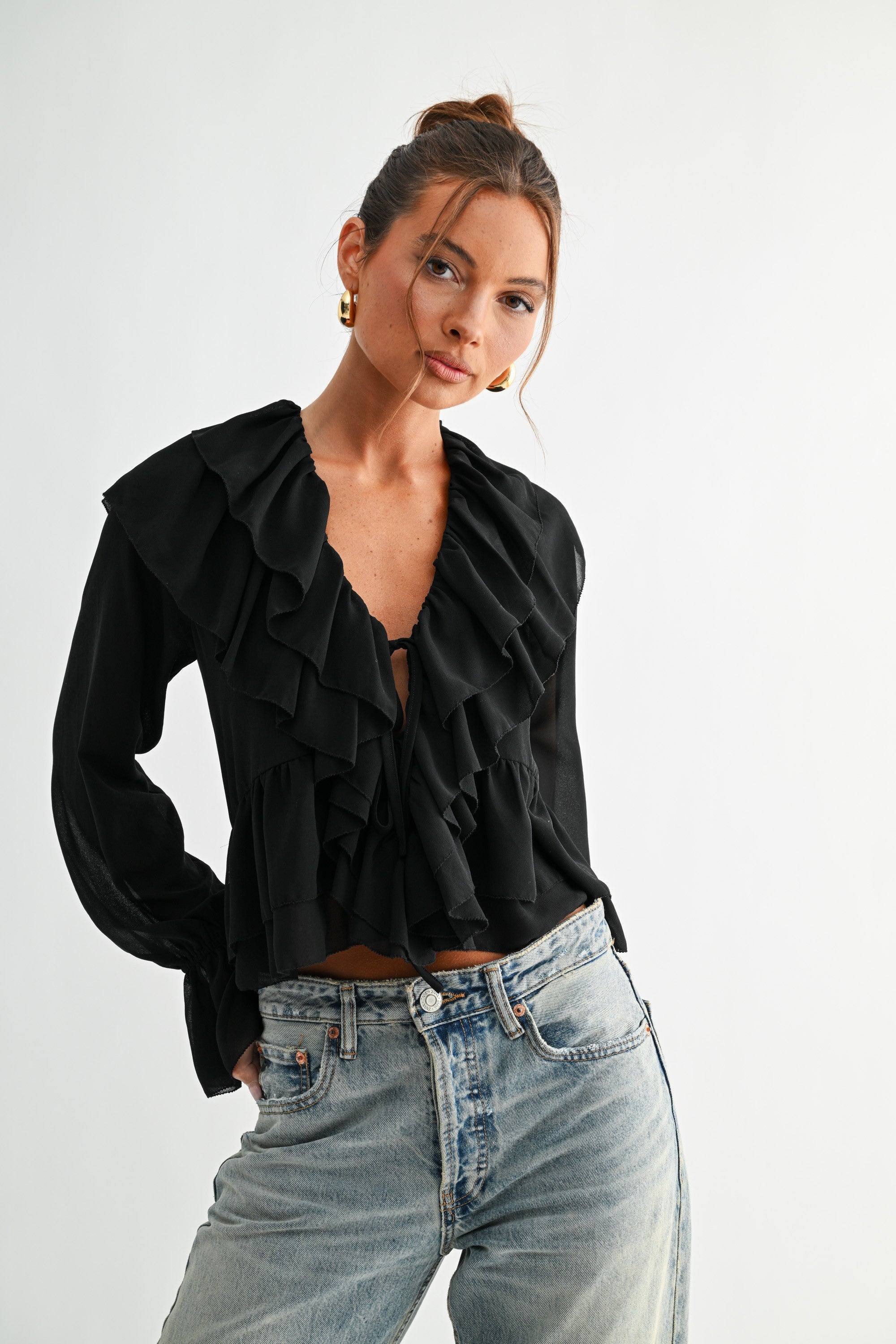 Cascading Ruffle Tie-front Blouse